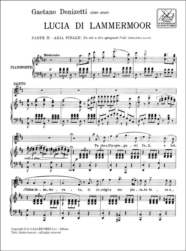 Lucia Di Lammermoor: Tu Che A Dio Spiegasti L'Ali - Per Tenore E Pianoforte - pro zpěv a klavír